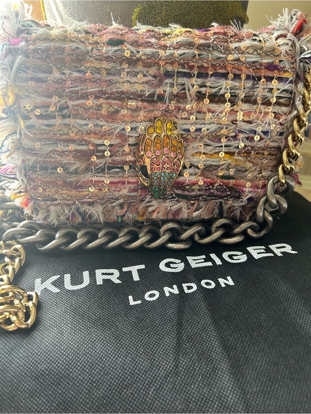 Kurt Geiger Multicolor Tweed Chain Crossbody Bag with Jeweled Hand Motif